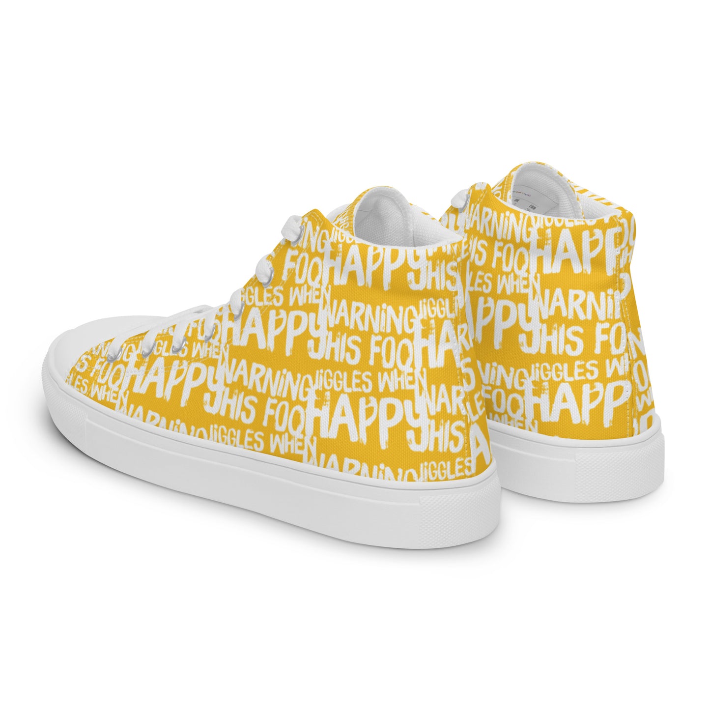 Mens sneakers side rear view HappyStuff yellow high tops with playful white print Warning This Foot Jiggles When Happy