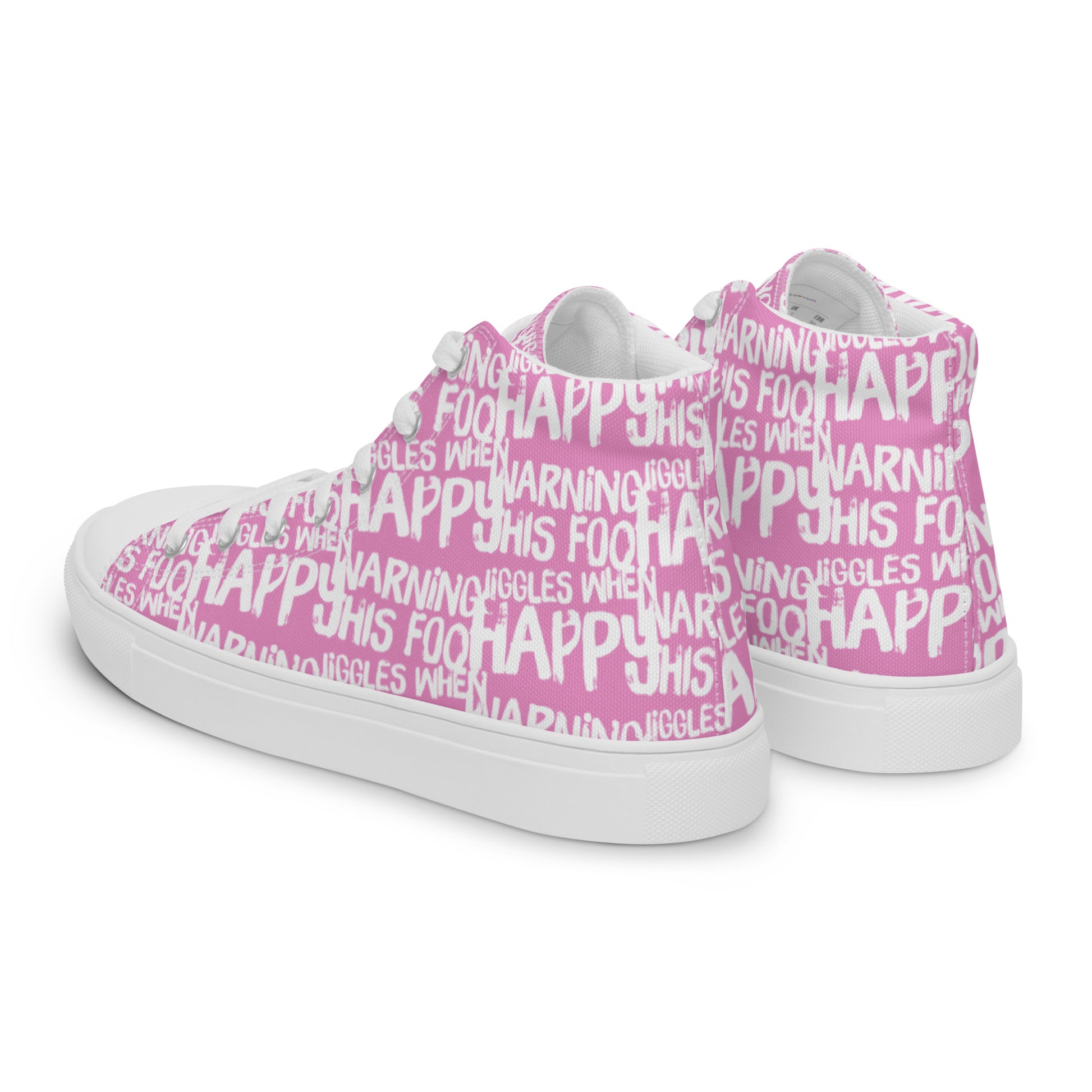 Mens sneakers side rear view HappyStuff pink high tops with playful white print Warning This Foot Jiggles When Happy