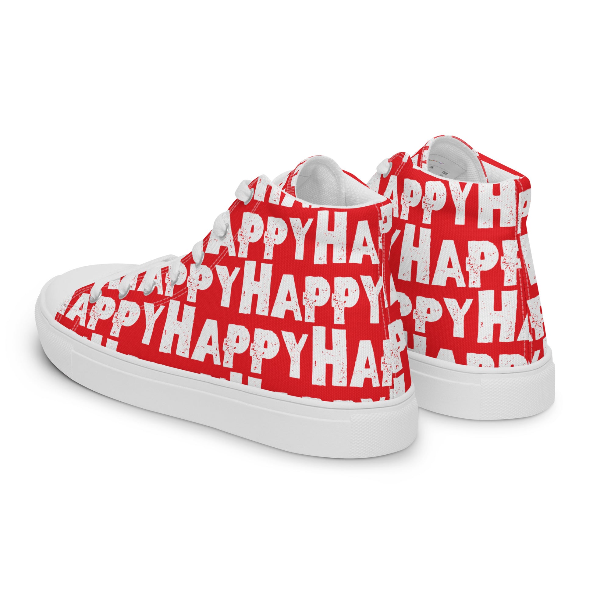 Mens Sneakers side rear view red and white Happy Sponge Print High Tops HappyStuff brand