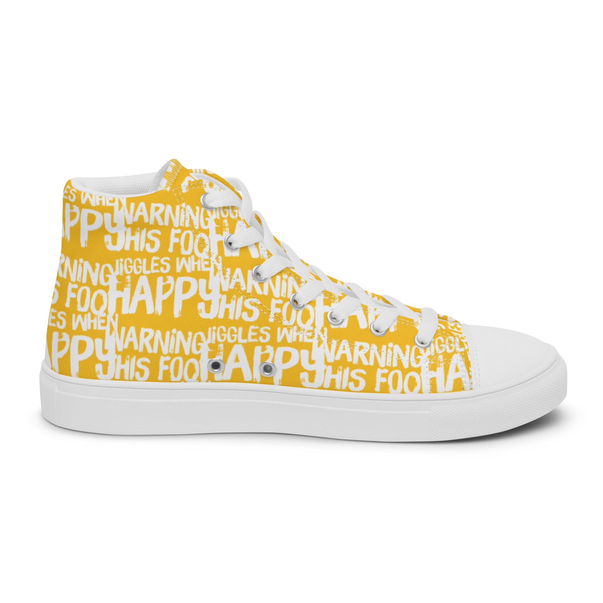 Left shoe inside view HappyStuff mens yellow high top sneakers with playful white print Warning This Foot Jiggles When Happy