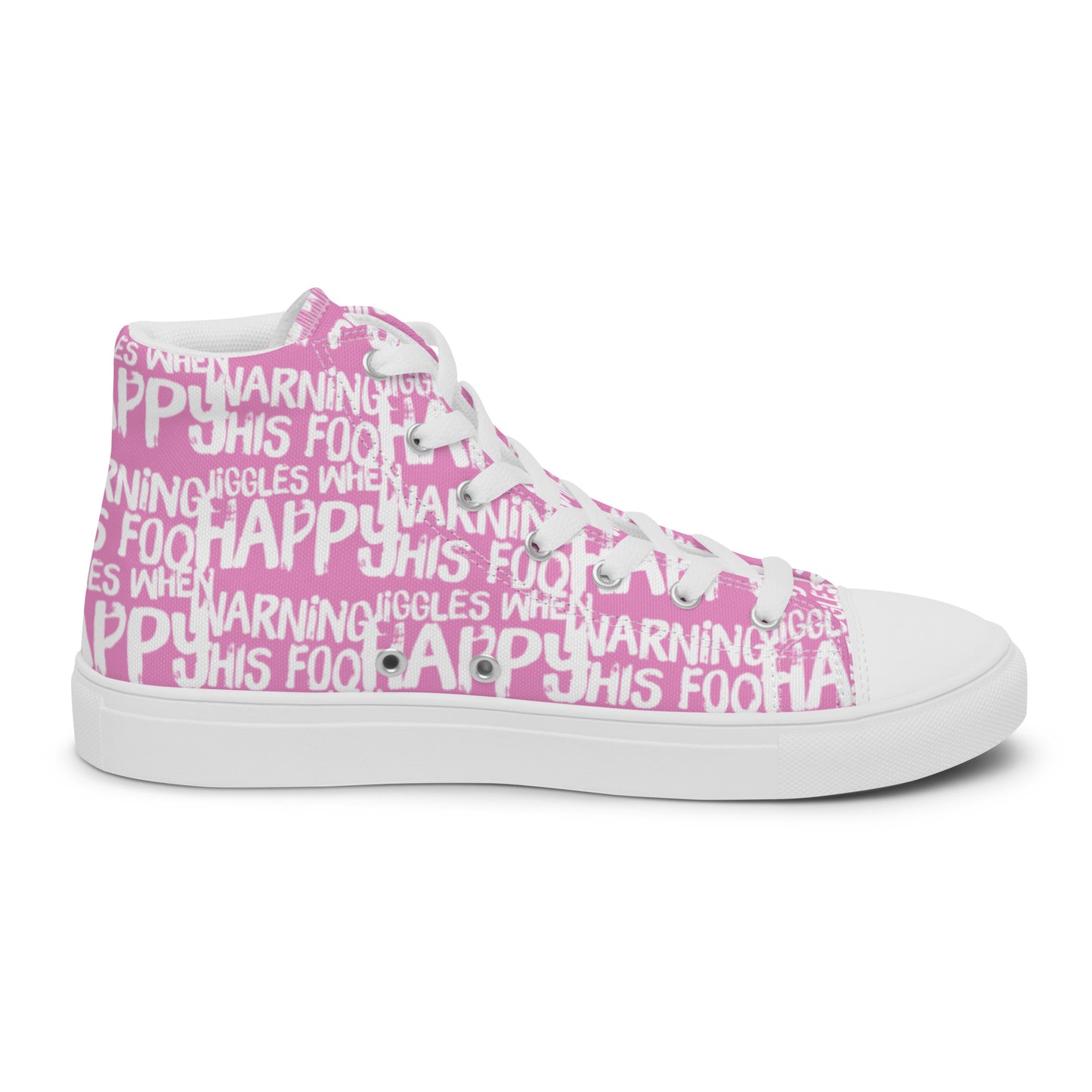 Left shoe inside view HappyStuff mens pink high top sneakers with playful white print Warning This Foot Jiggles When Happy