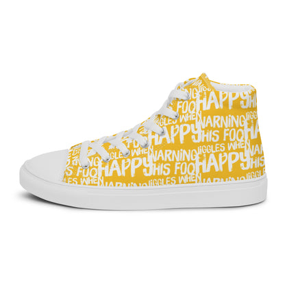 Left shoe side view HappyStuff mens yellow high top sneakers with playful white print Warning This Foot Jiggles When Happy