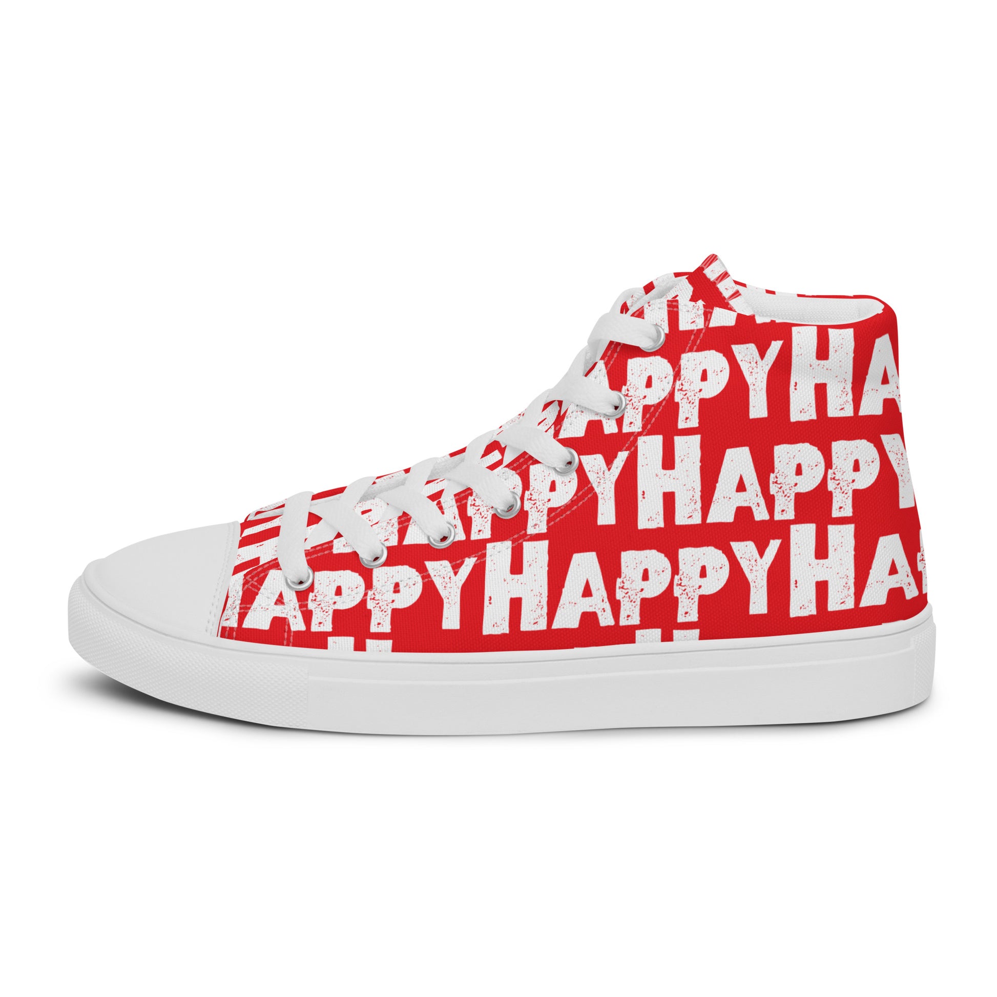 Cool Shoes Mens Sneakers outside view left shoe red and white Happy Sponge Print High Top Sneakers HappyStuff brand