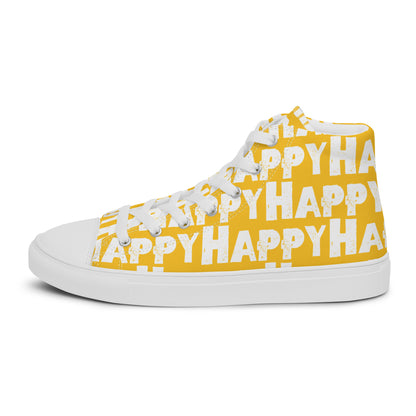 Cool Shoes Mens Sneakers outside view left shoe yellow and white Happy Sponge Print High Top Sneakers HappyStuff brand