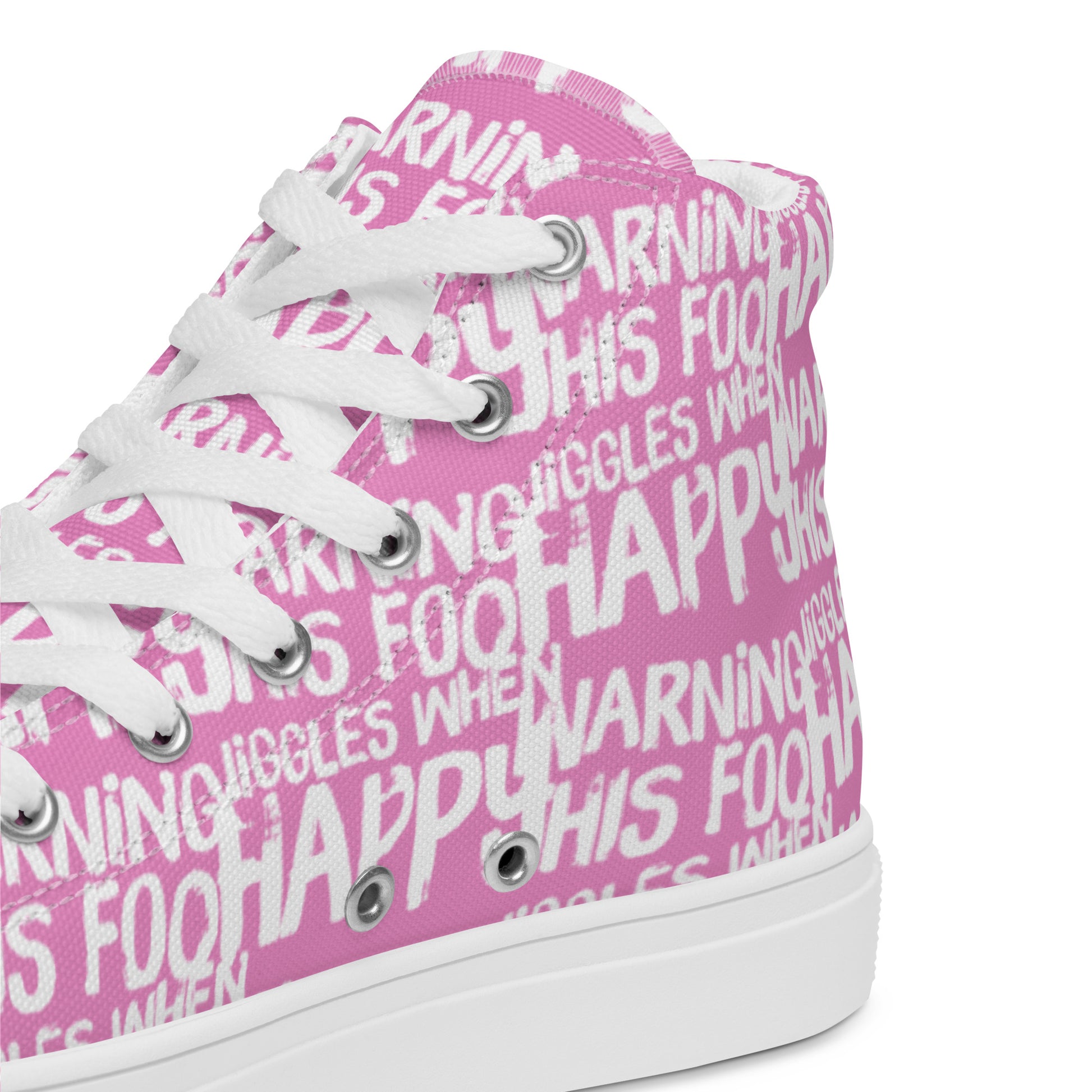 HappyStuff pink high tops with playful white print Warning This Foot Jiggles When Happy inside heel side closeup view