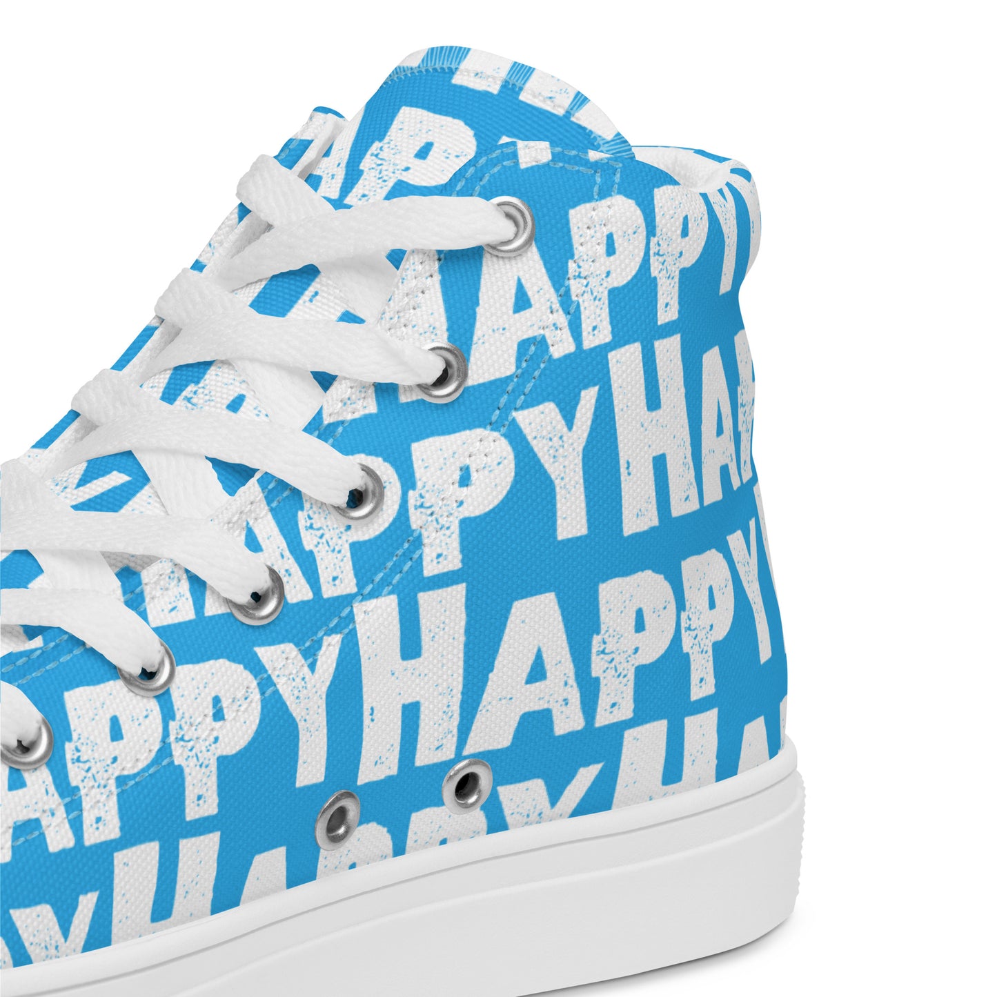 Mens Sneakers heel side closeup blue and white Happy Sponge Print High Tops HappyStuff brand