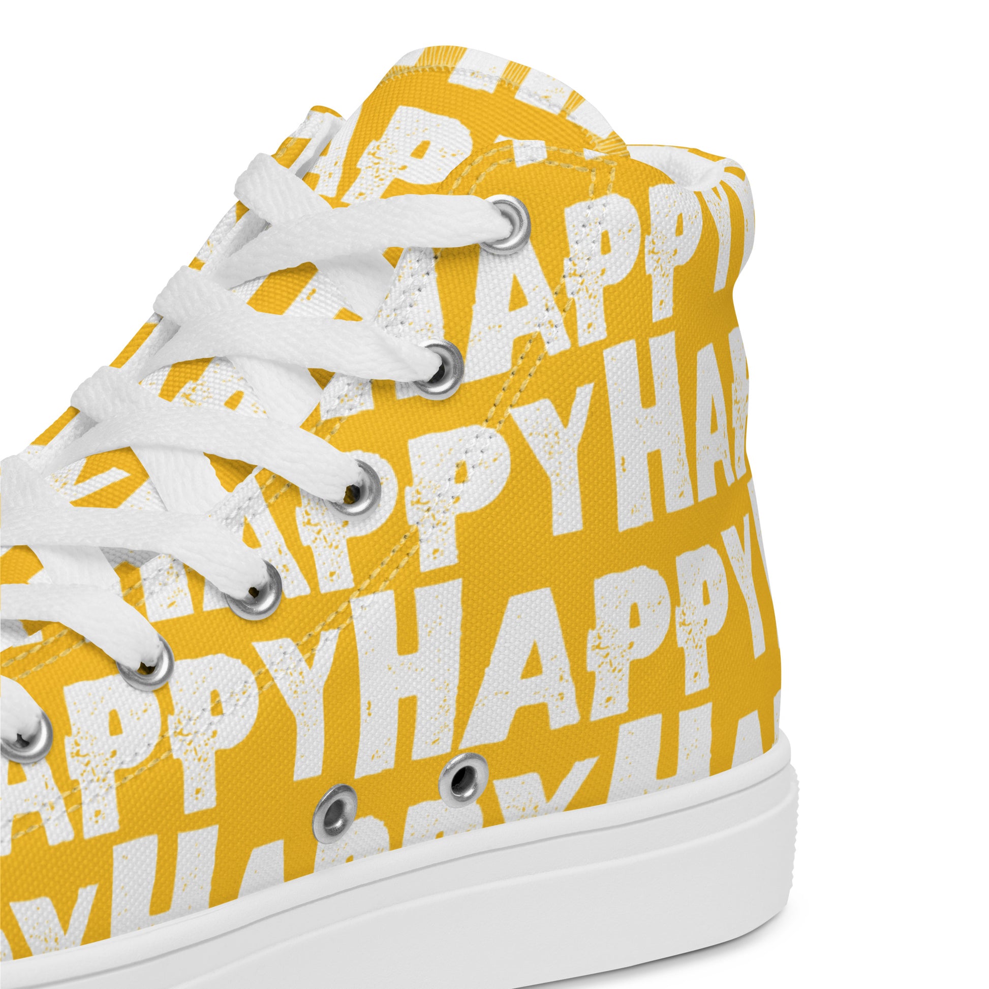 Mens Sneakers heel side closeup yellow and white Happy Sponge Print High Tops HappyStuff brand