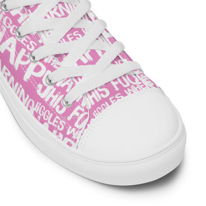 HappyStuff pink high tops with playful white print Warning This Foot Jiggles When Happy white laces faux leather toe cap closeup