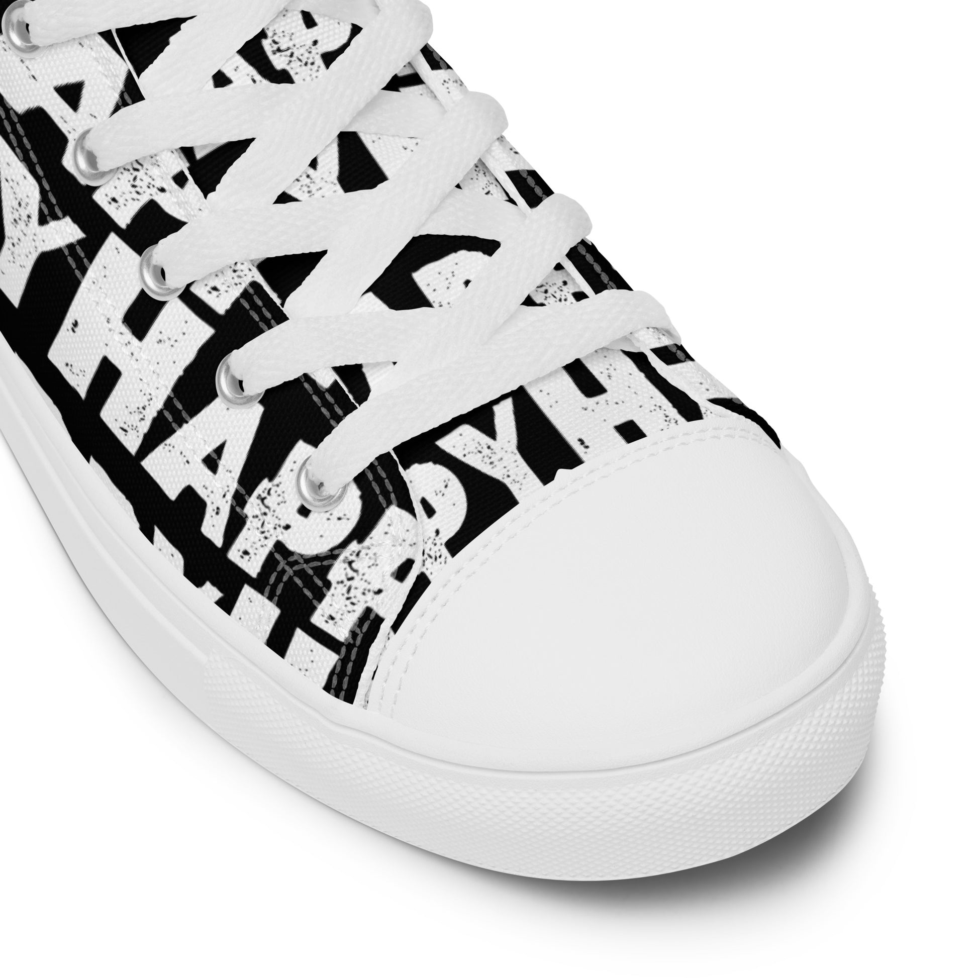 Fun Shoes black and white Happy Sponge Print High Tops lace up White laces faux leather toe cap closeup