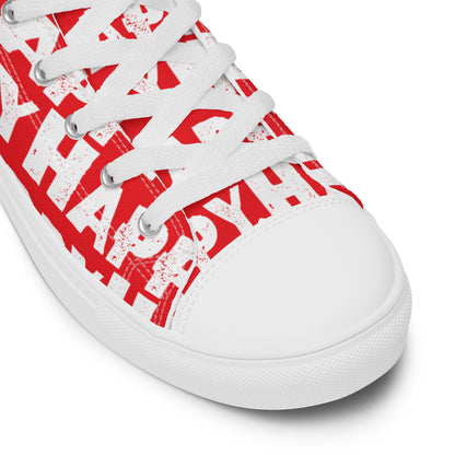 Fun Shoes red and white Happy Sponge Print High Tops lace up White laces faux leather toe cap closeup