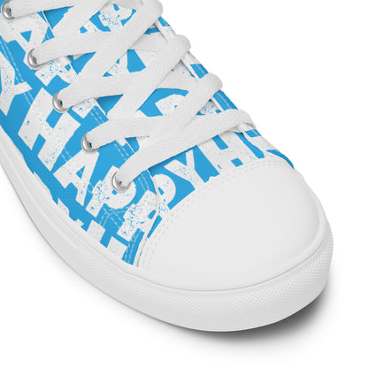 Fun Shoes blue and white Happy Sponge Print High Tops lace up White laces faux leather toe cap closeup