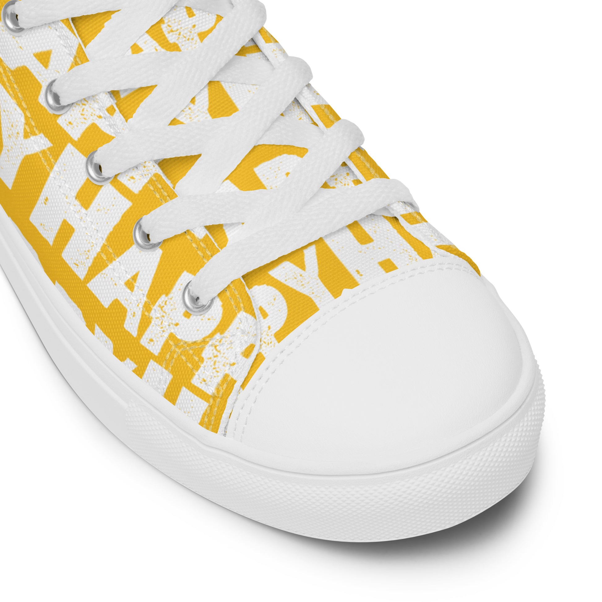 Fun Shoes yellow and white Happy Sponge Print High Tops lace up White laces faux leather toe cap closeup