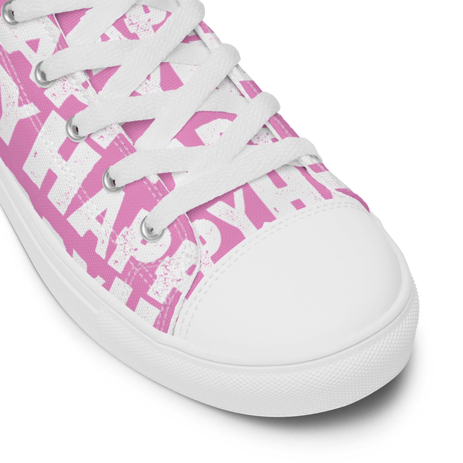 Fun Shoes pink and white Happy Sponge Print High Tops lace up White laces faux leather toe cap closeup