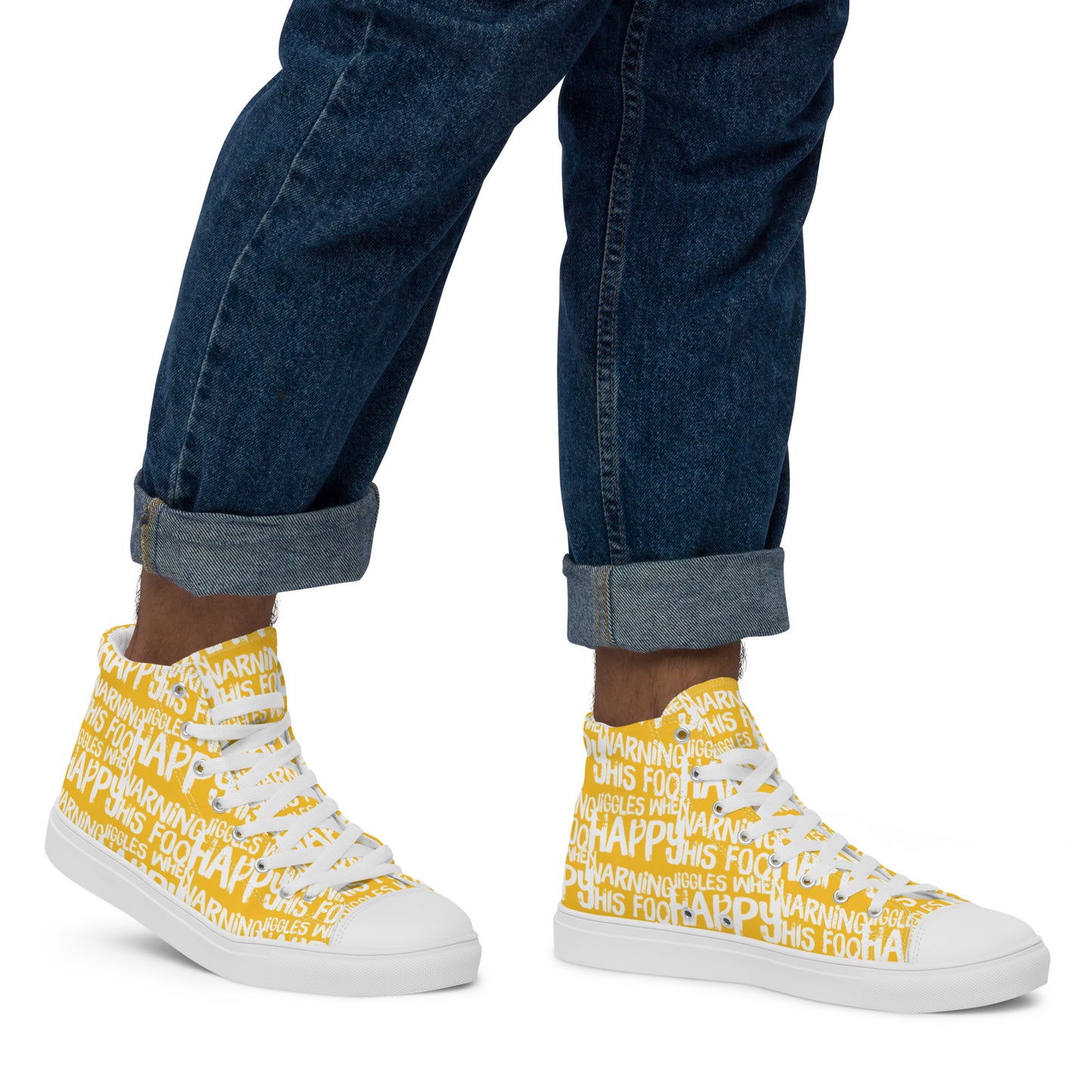 Walking in mens HappyStuff high tops canvas sneakers edgy print yellow and white shoes Warning This Foot Jiggles When Happy