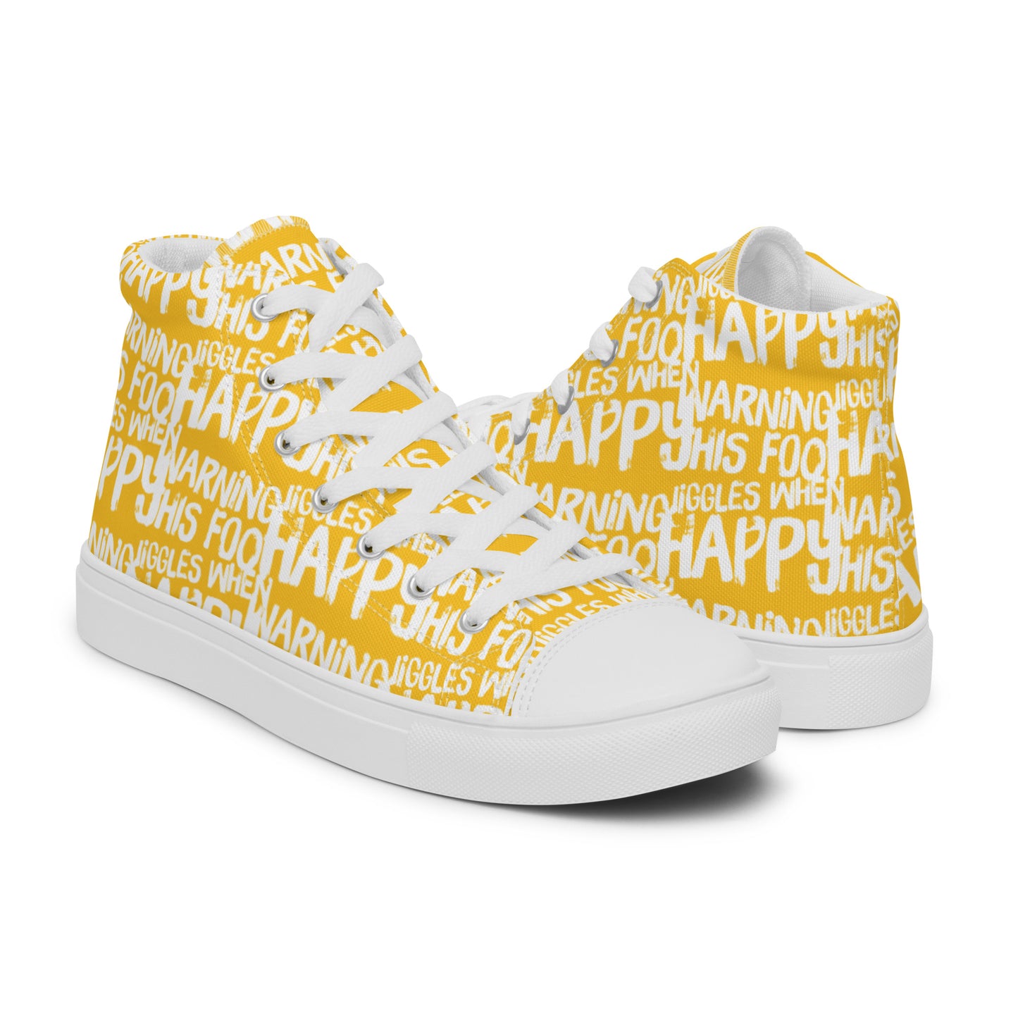 Mens yellow high tops with playful white print Warning This Foot Jiggles When Happy right shoe front view left shoe back view