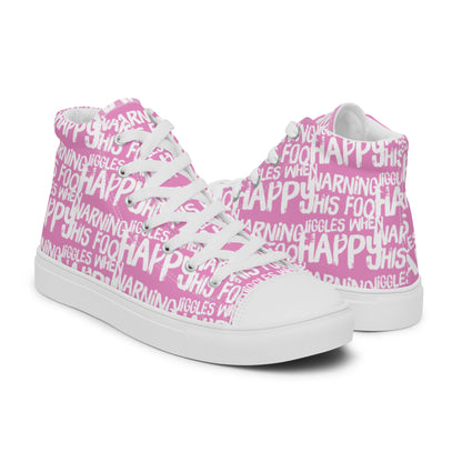 Mens pink high tops with playful white print Warning This Foot Jiggles When Happy right shoe front view left shoe back view