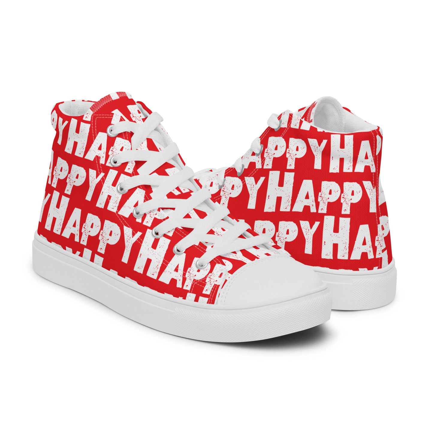 Happy Shoes mens right shoe front view left shoe back view Happy Sponge Print Red and White High Tops HappyStuff brand