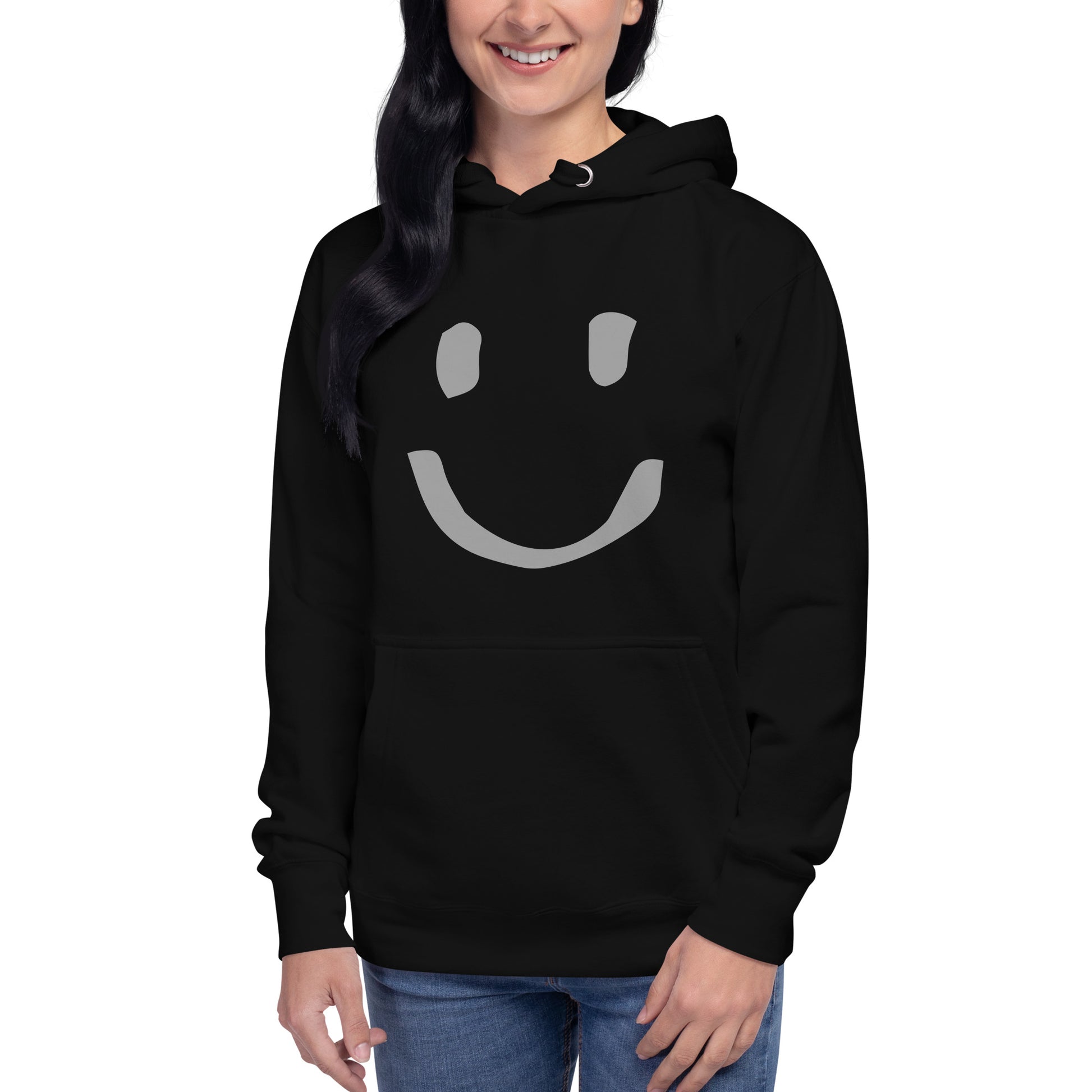 woman wearing Black Cotton Hoodie Happy Face Painted Printed Modern Fit All Gender Hoodie tailored fit pouch pocket Flat matching draw string front view