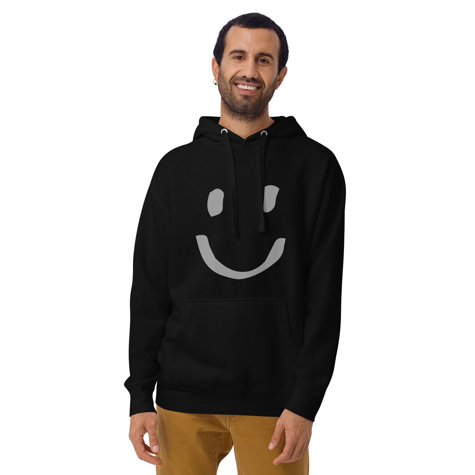 man wearing black Cotton Hoodie Happy Face Painted Printed Modern Fit All Gender Hoodie tailored fit pouch pocket Flat matching draw string front view