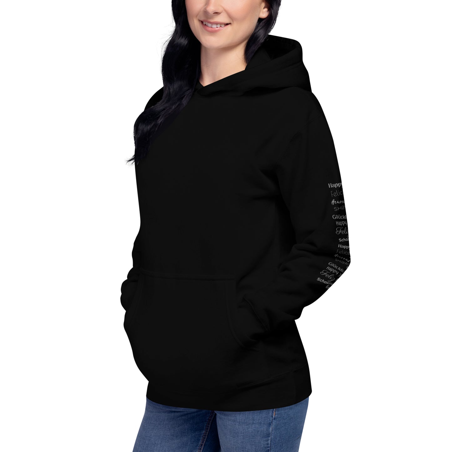 woman wearing black Cotton Hoodie Grey Happy In Any Language Printed left sleeve modern fit all gender hoodie tailored fit three panel hood pouch pocke