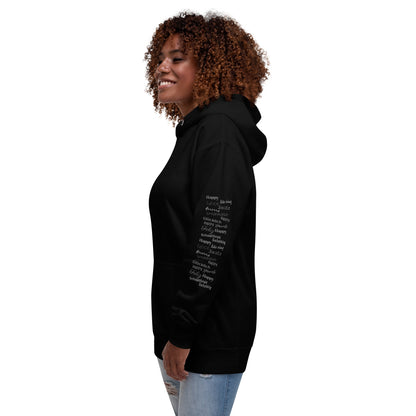 woman wearing black Cotton Hoodie Grey Happy In Any Language Printed left sleeve modern fit all gender hoodie tailored fit three panel hood pouch pocke