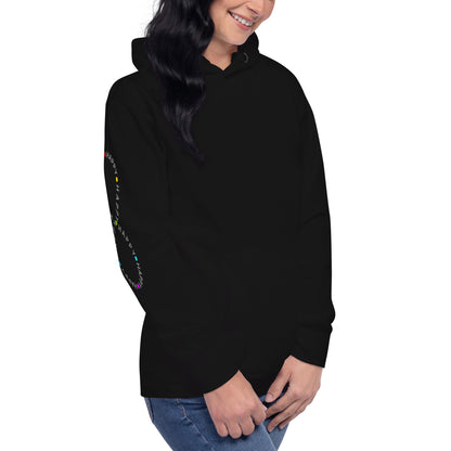 woman wearing black Cotton Hoodie Infinitely Happy Printed right sleeve modern fit all gender hoodie tailored fit three panel hood pouch pocket