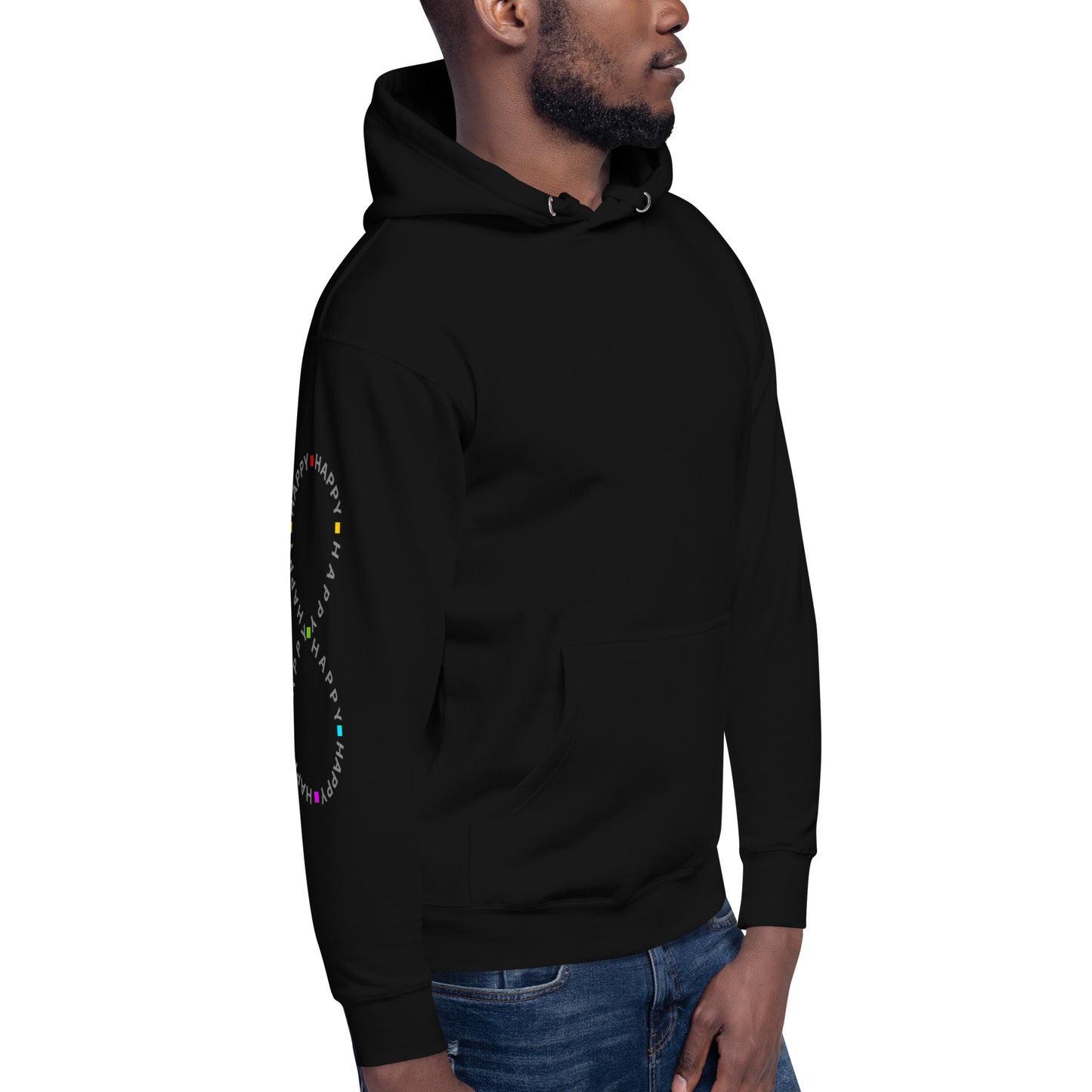 man wearing black Cotton Hoodie Infinitely Happy Printed right sleeve modern fit all gender hoodie tailored fit three panel hood pouch pocket