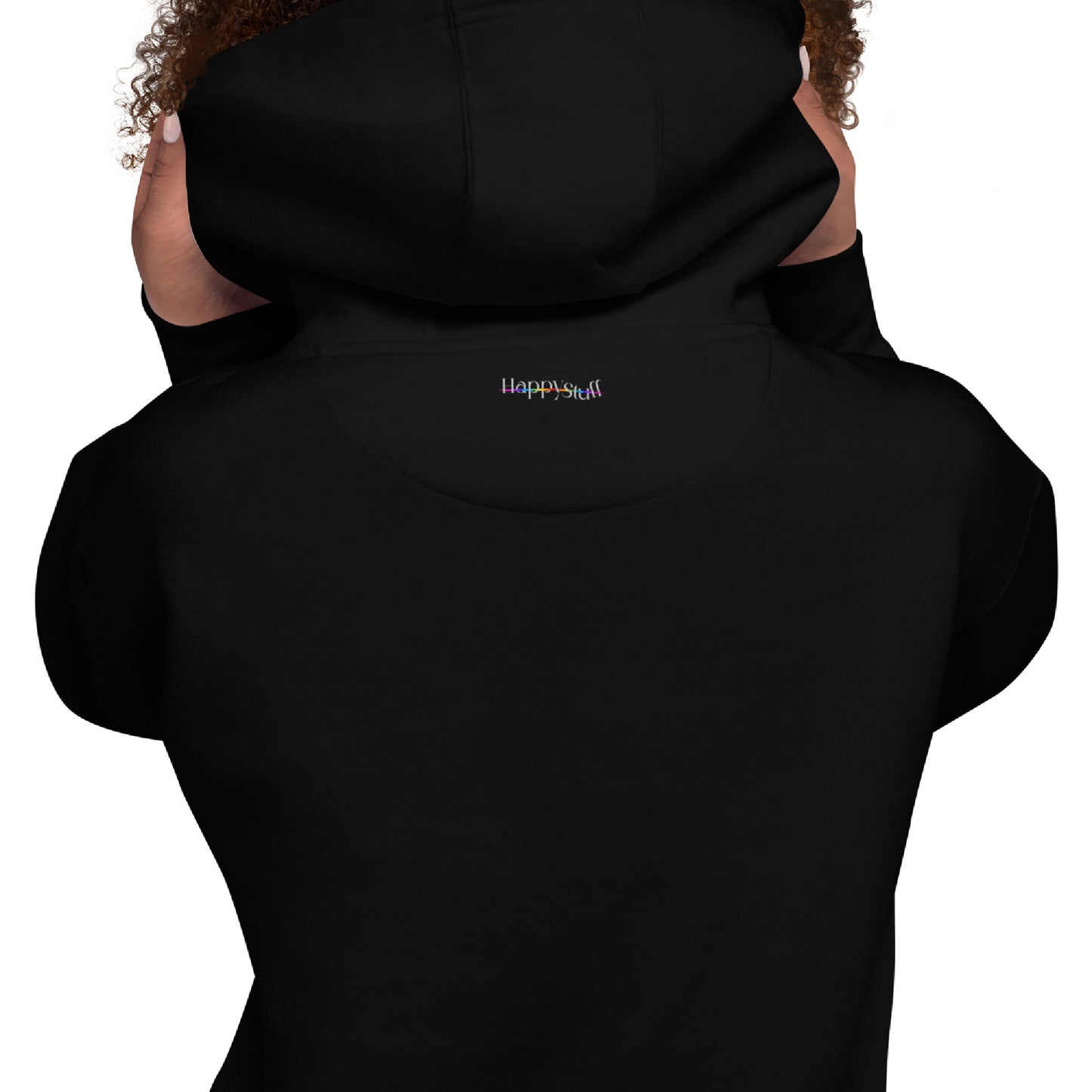 woman wearing black Cotton Hoodie back view Modern Fit All Gender Hoodie tailored fit three panel hood HappySuff brand