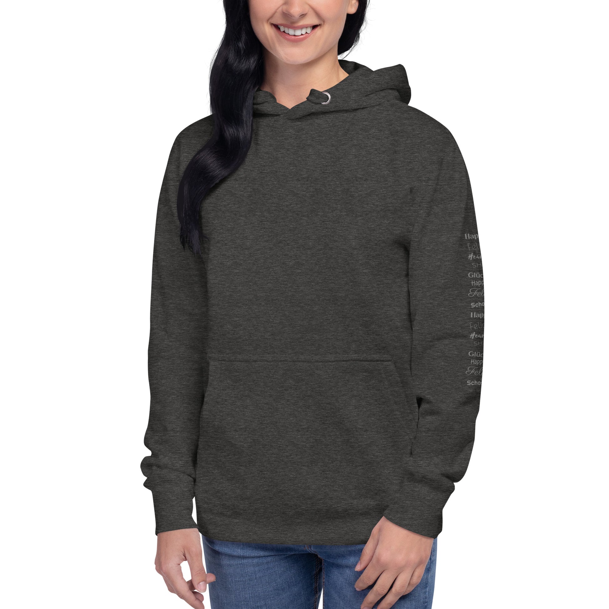 woman wearing Charcoal Heather Cotton Hoodie Grey Happy In Any Language Printed left sleeve modern fit all gender hoodie tailored fit three panel hood pouch pocket