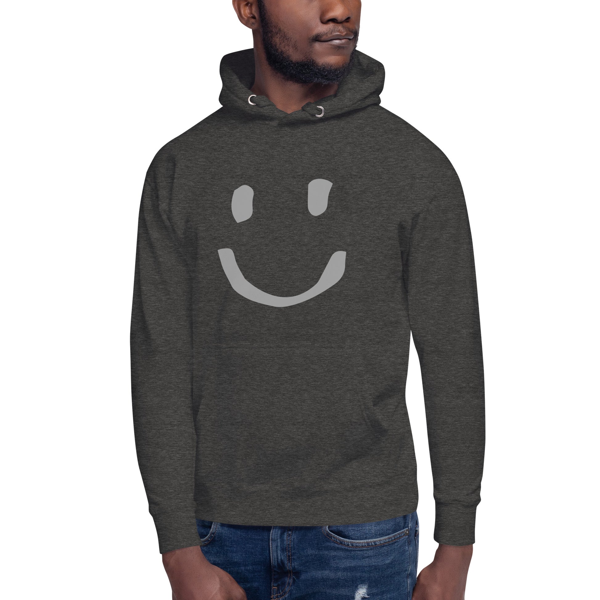 man wearing Charcoal Heather Cotton Hoodie Happy Face Painted Printed Modern Fit All Gender Hoodie tailored fit pouch pocket Flat matching draw string front view