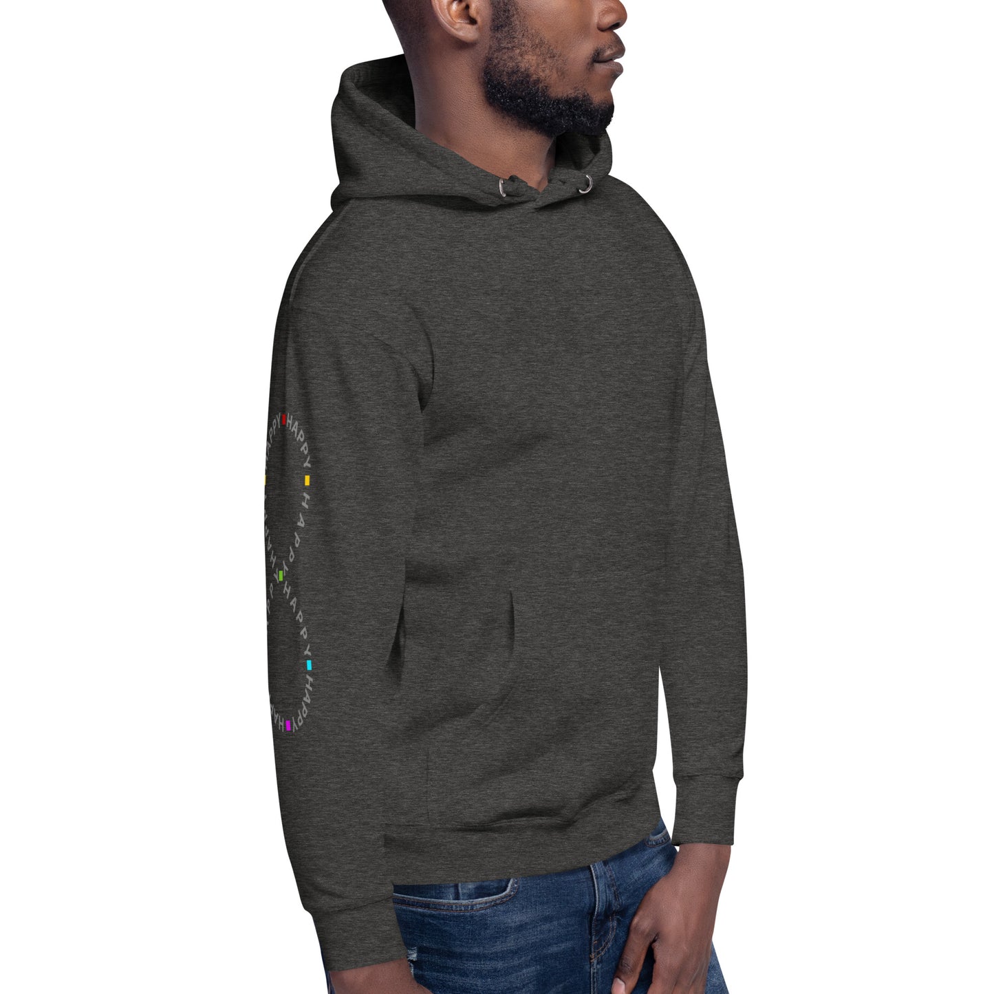 man wearing Charcoal Heather Cotton Hoodie Infinitely Happy Printed right sleeve modern fit all gender hoodie tailored fit three panel hood pouch pocket