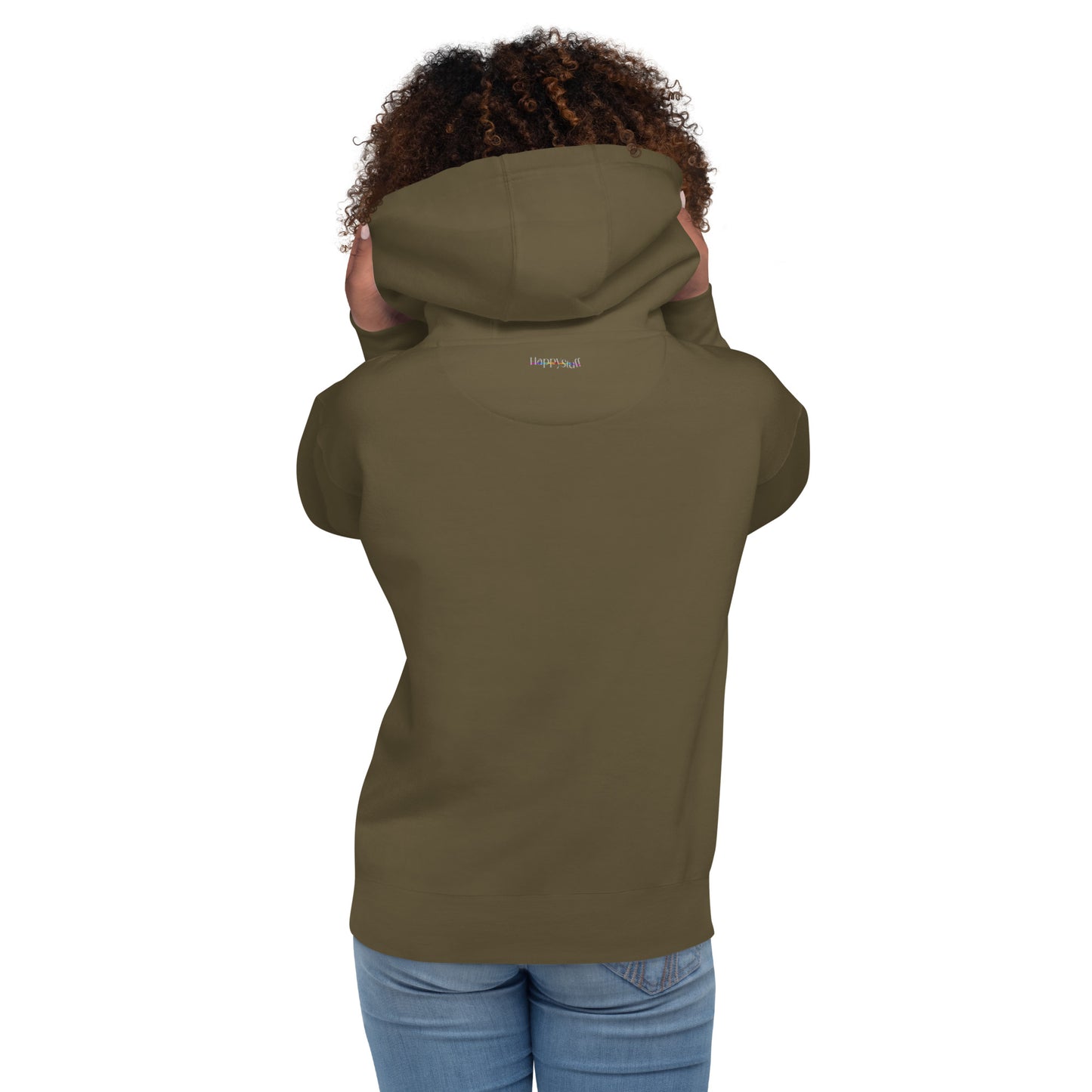 woman wearing Military Green Cotton Hoodie back view Modern Fit All Gender Hoodie tailored fit three panel hood HappySuff brand