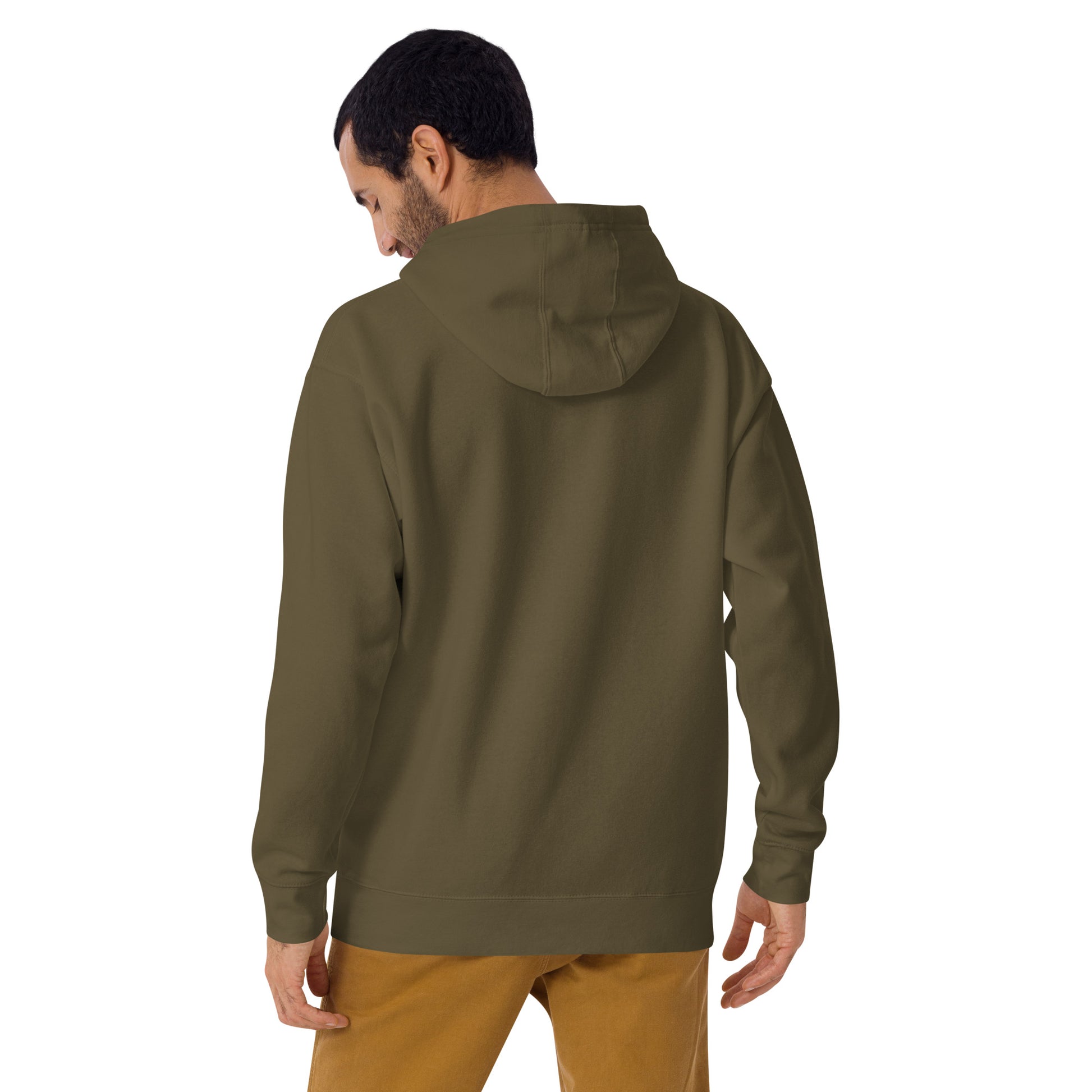 man wearing Military Green Cotton Hoodie back view Modern Fit All Gender Hoodie tailored fit three panel hood