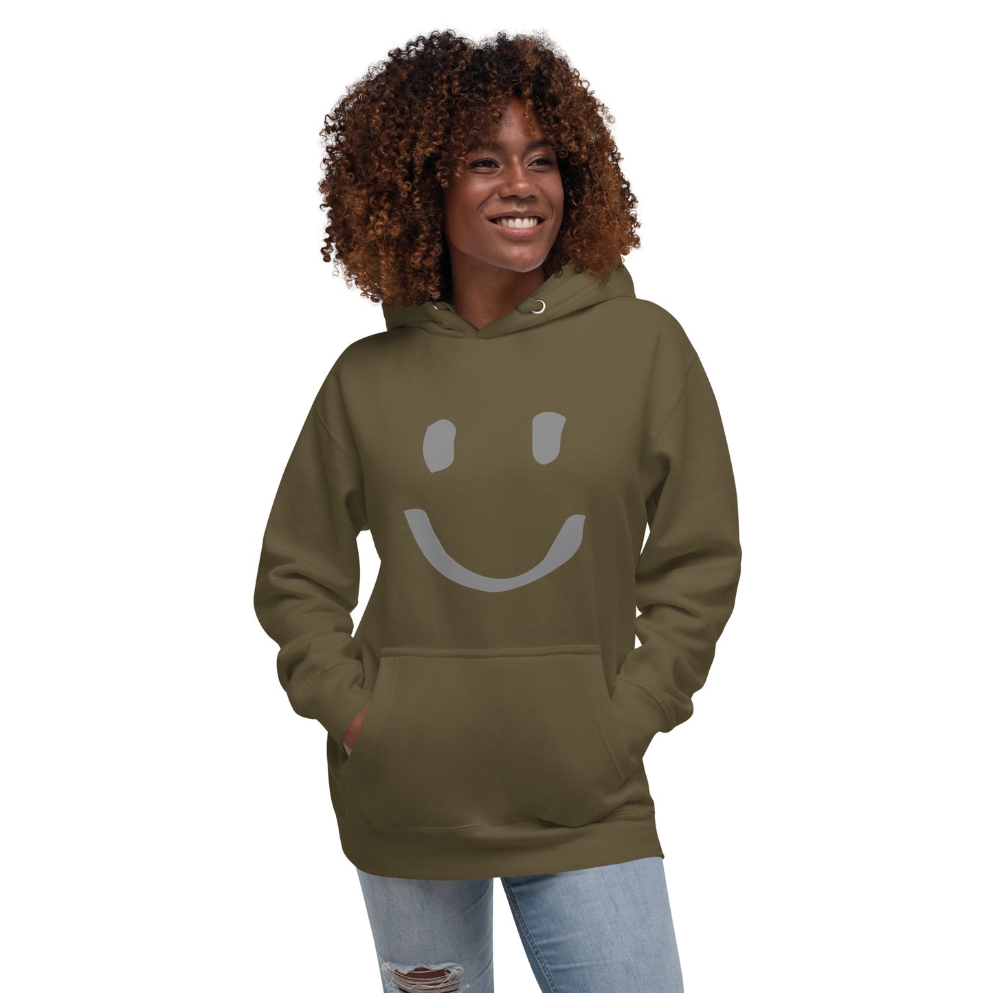 woman wearing Military Green Cotton Hoodie Happy Face Painted Printed Modern Fit All Gender Hoodie tailored fit pouch pocket Flat matching draw string front view