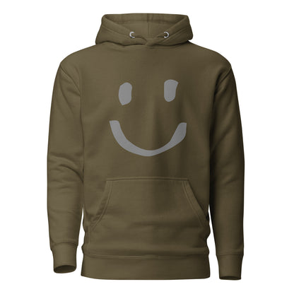 Military Green Cotton Hoodie Happy Face Painted Printed Modern Fit All Gender Hoodie tailored fit pouch pocket Flat matching draw string