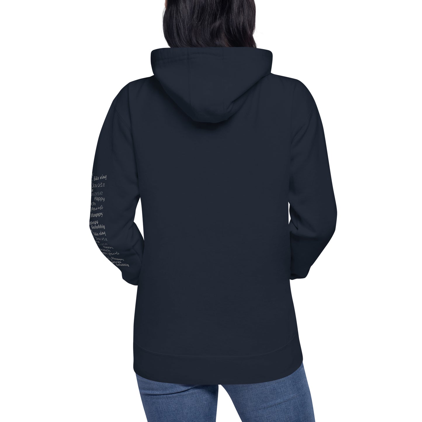 woman wearing navy Cotton Hoodie Grey Happy In Any Language Printed left sleeve back view Modern Fit All Gender Hoodie tailored fit three panel hood HappySuff brand