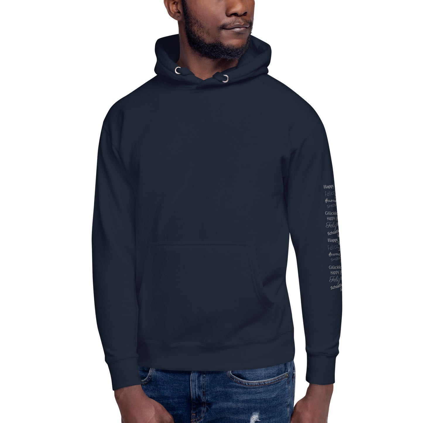 man wearing navy Cotton Hoodie Grey Happy In Any Language Printed left sleeve modern fit all gender hoodie tailored fit three panel hood pouch pocket