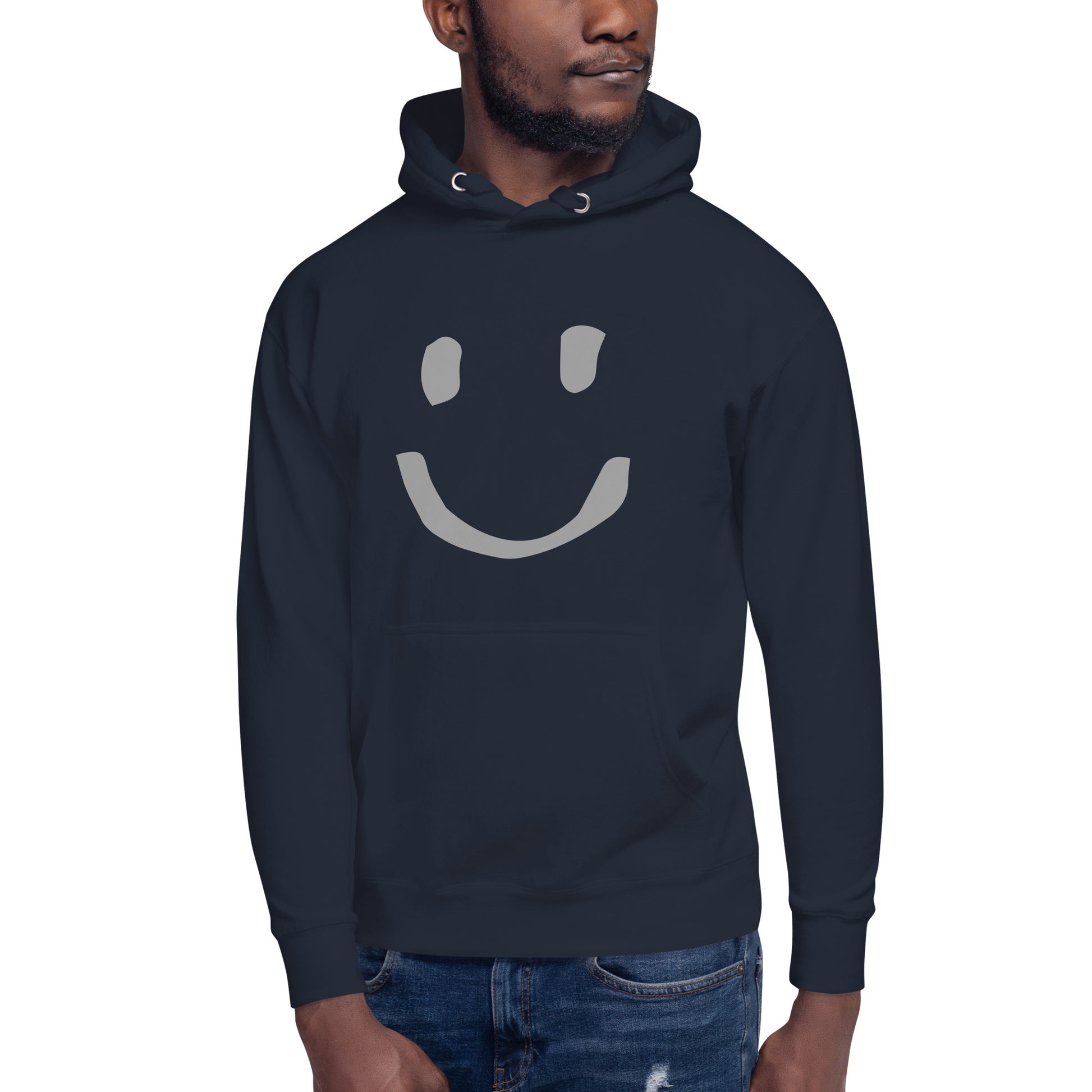 man wearing navy Cotton Hoodie Happy Face Painted Printed Modern Fit All Gender Hoodie tailored fit pouch pocket Flat matching draw string front view