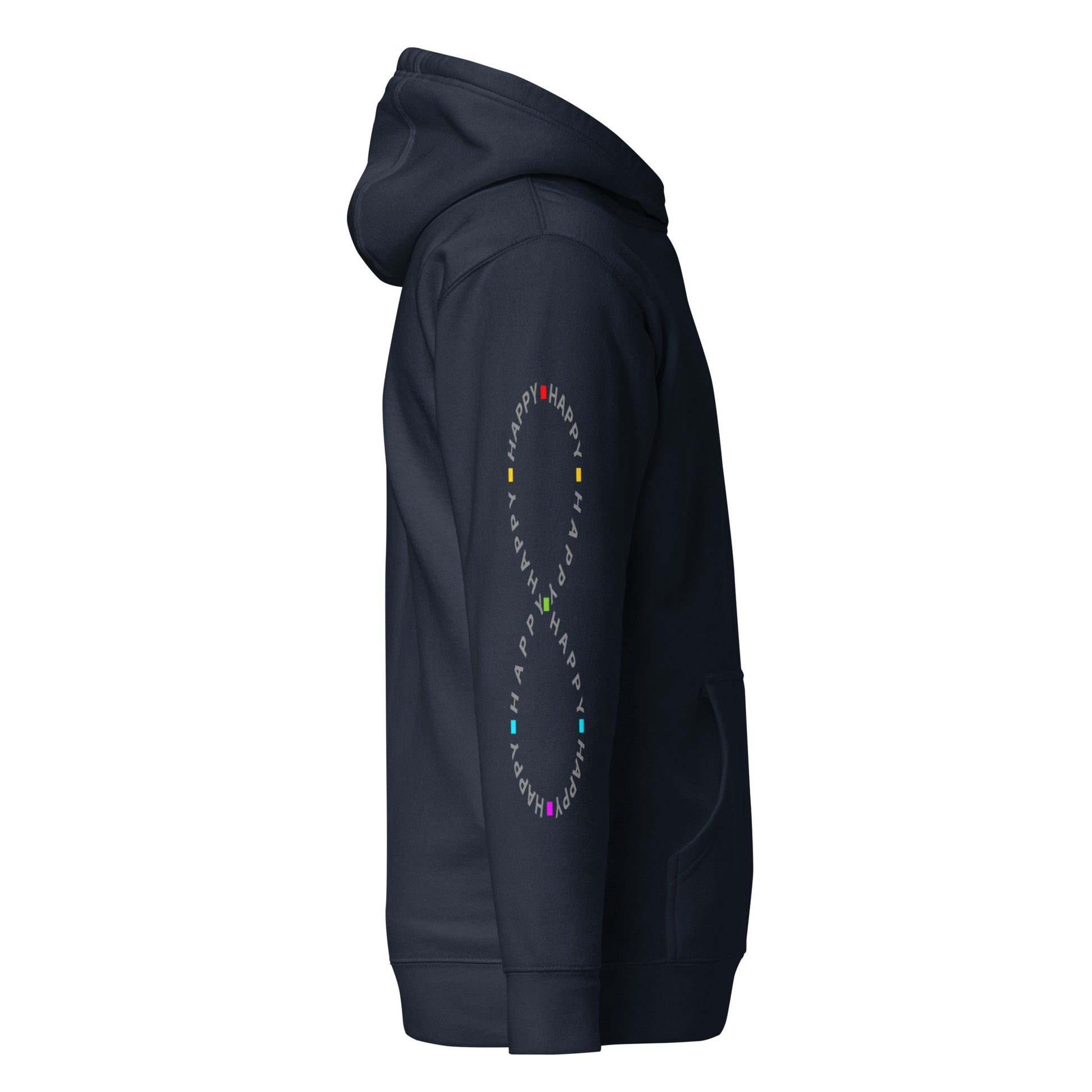 navy Cotton Hoodie Infinitely Happy Printed right sleeve modern fit all gender hoodie tailored fit three panel hood pouch pocket