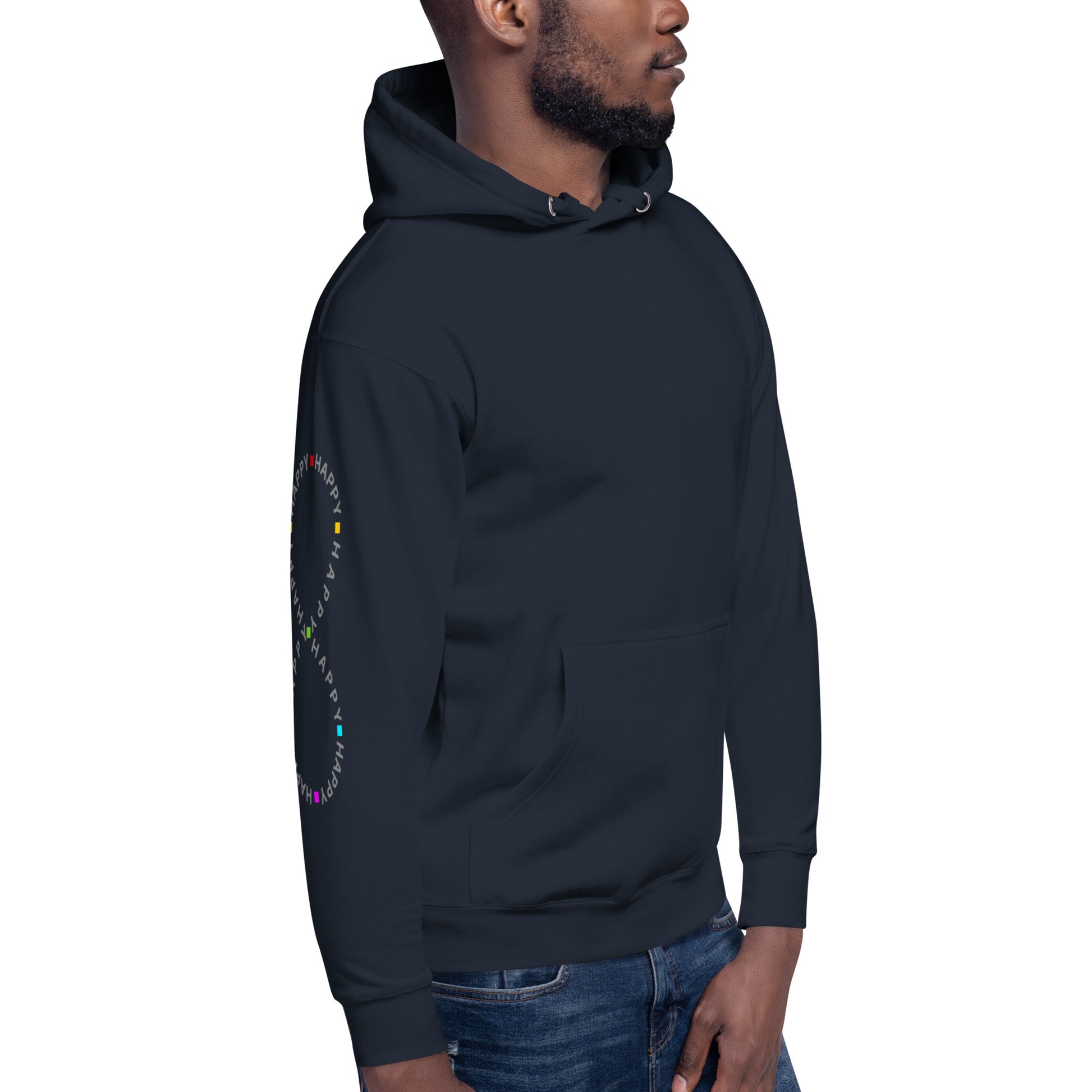 man wearing navy Cotton Hoodie Infinitely Happy Printed right sleeve modern fit all gender hoodie tailored fit three panel hood pouch pocket