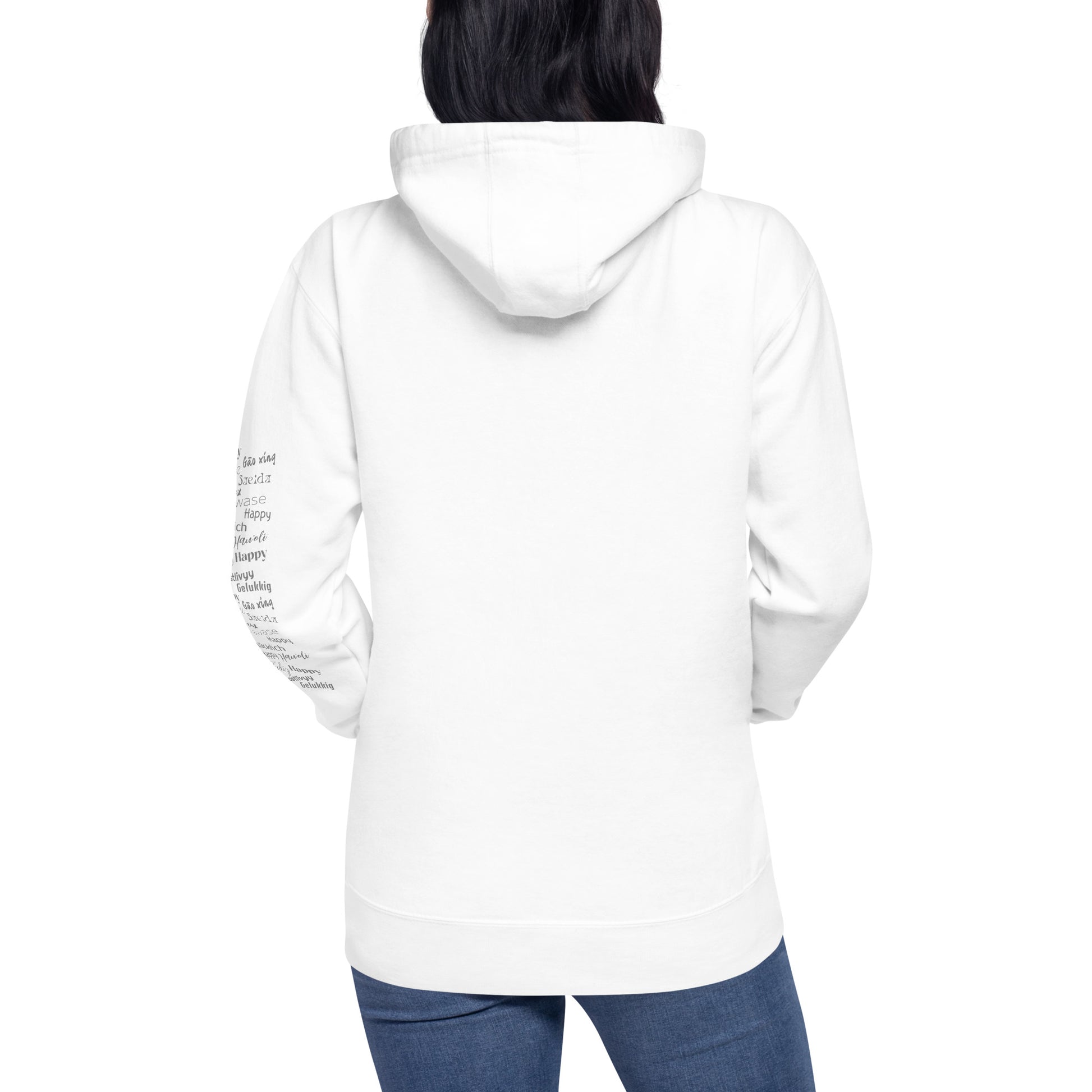 woman wearing white Cotton Hoodie Grey Happy In Any Language Printed left sleeve back view Modern Fit All Gender Hoodie tailored fit three panel hood