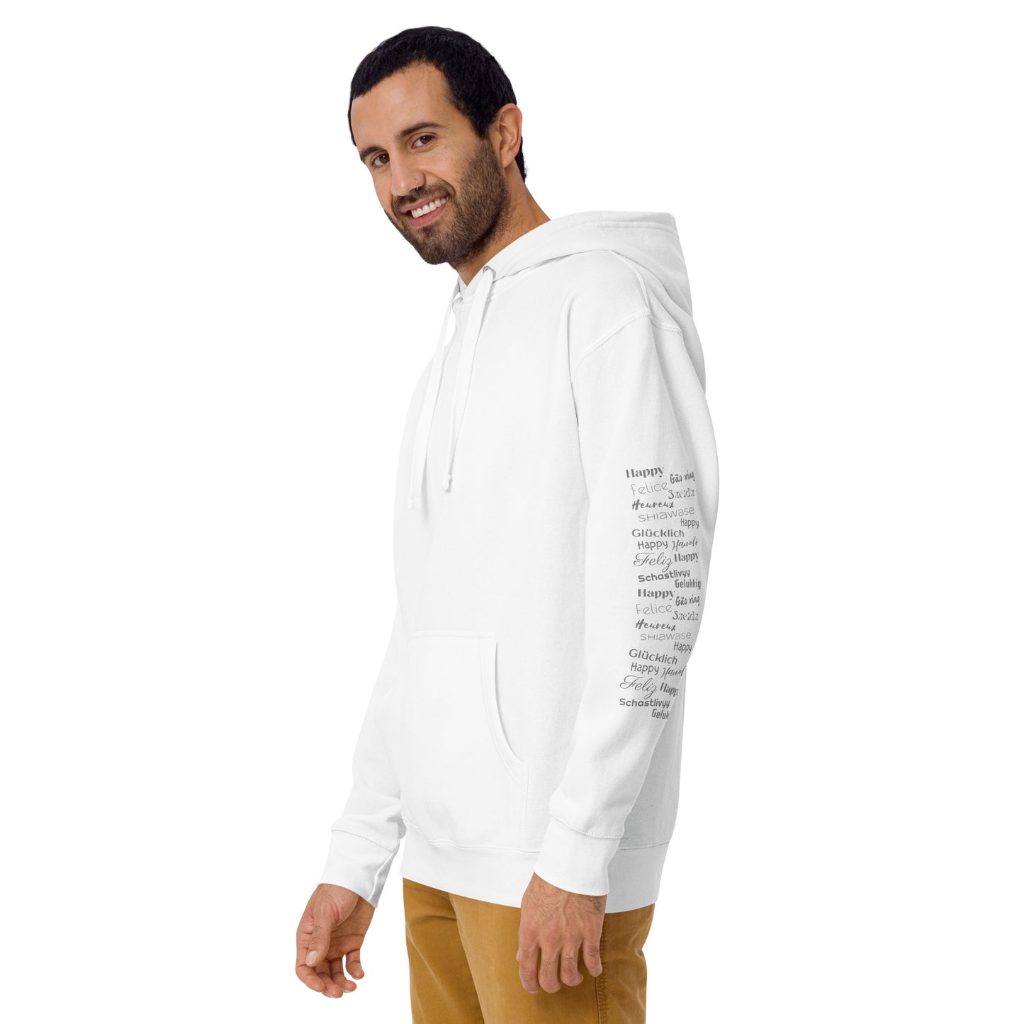 man wearing white Cotton Hoodie Grey Happy In Any Language Printed left sleeve modern fit all gender hoodie tailored fit three panel hood pouch pocket