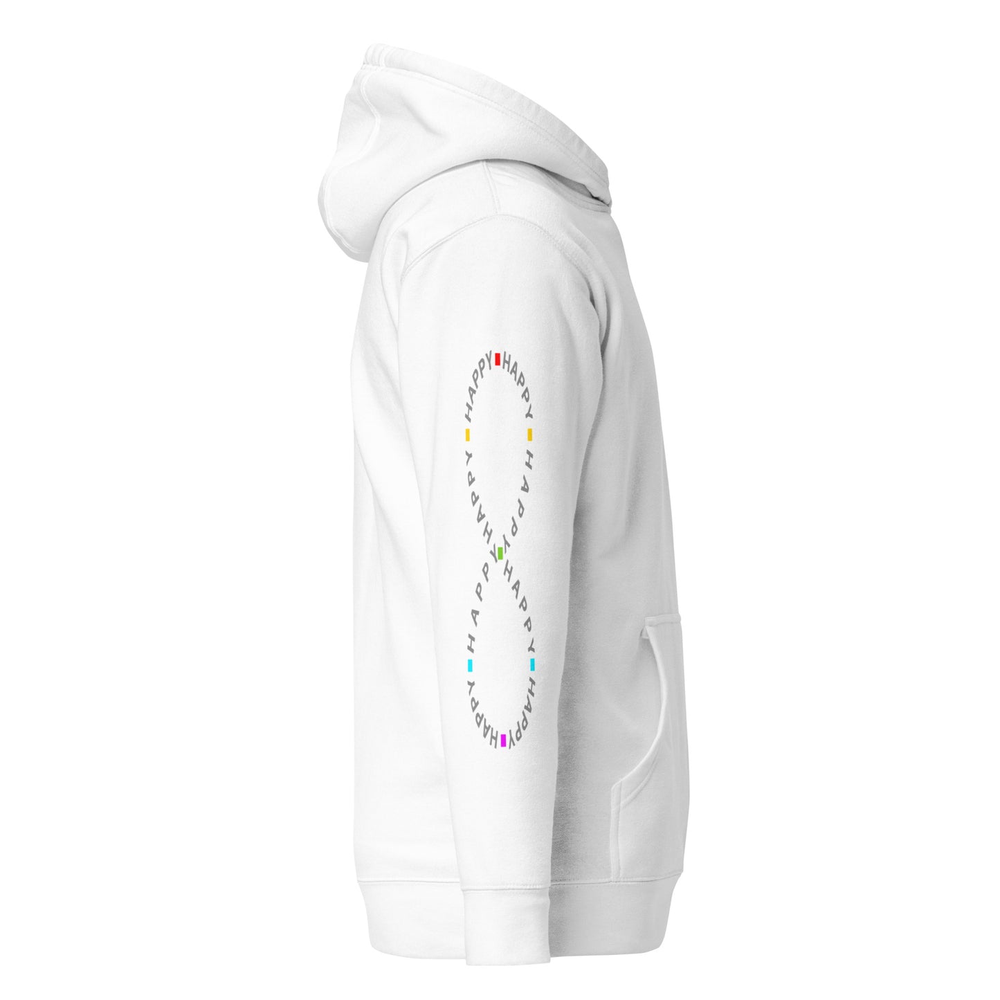 white Cotton Hoodie Infinitely Happy Printed right sleeve modern fit all gender hoodie tailored fit three panel hood pouch pocket