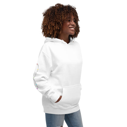 woman wearing white Cotton Hoodie Infinitely Happy Printed right sleeve modern fit all gender hoodie tailored fit three panel hood pouch pocket