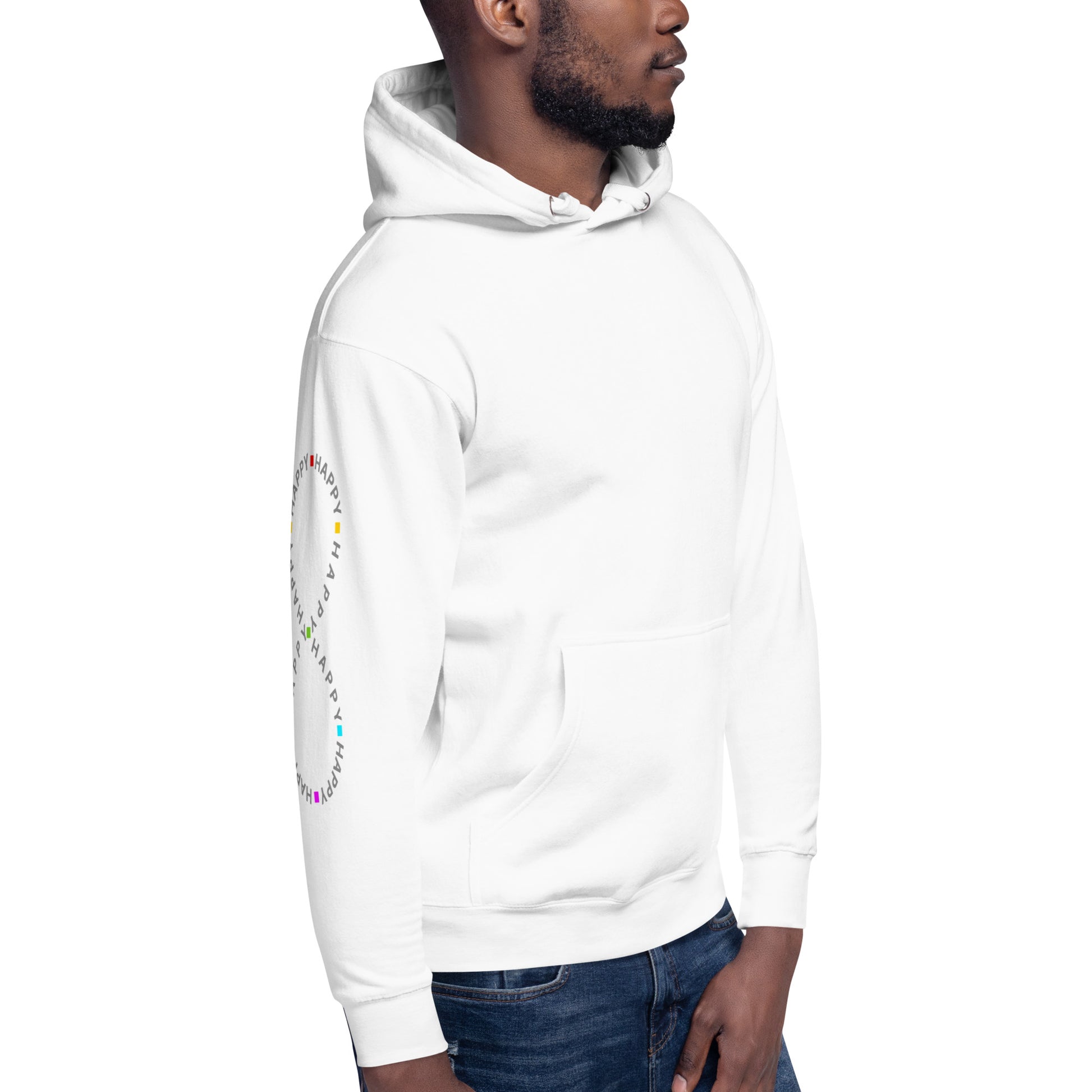 man wearing white Cotton Hoodie Infinitely Happy Printed right sleeve modern fit all gender hoodie tailored fit three panel hood pouch pocket