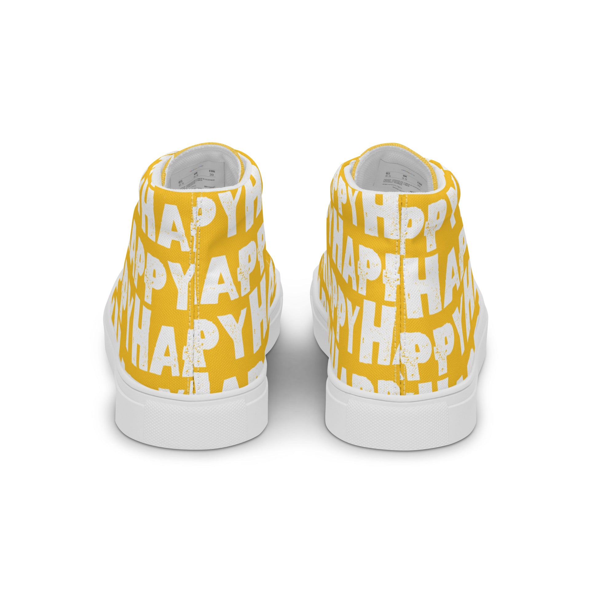 Rear view Fun Shoes Womens Sneakers yellow shoes with white Happy Sponge Print High Tops HappyStuff brand