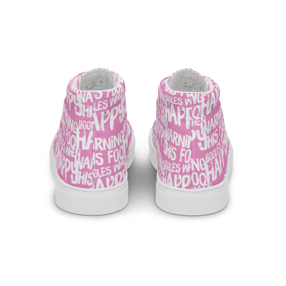 Fun shoes back view HappyStuff pink high tops with playful white print Warning This Foot Jiggles When Happy womens sneakers