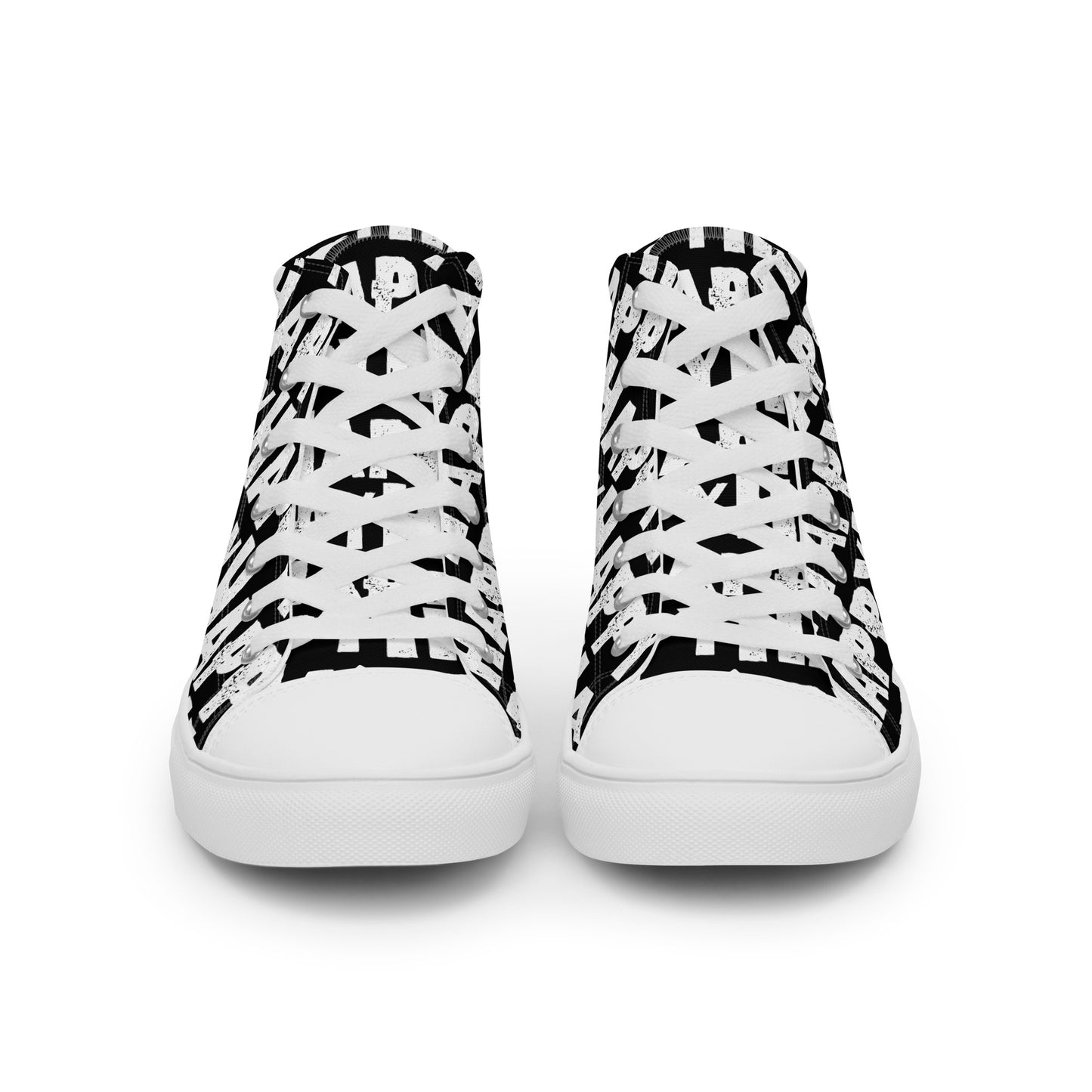 Front view Womens Sneakers black shoes white Happy Sponge Print High Tops Rubber outsole Faux Leather toe cap HappyStuff brand