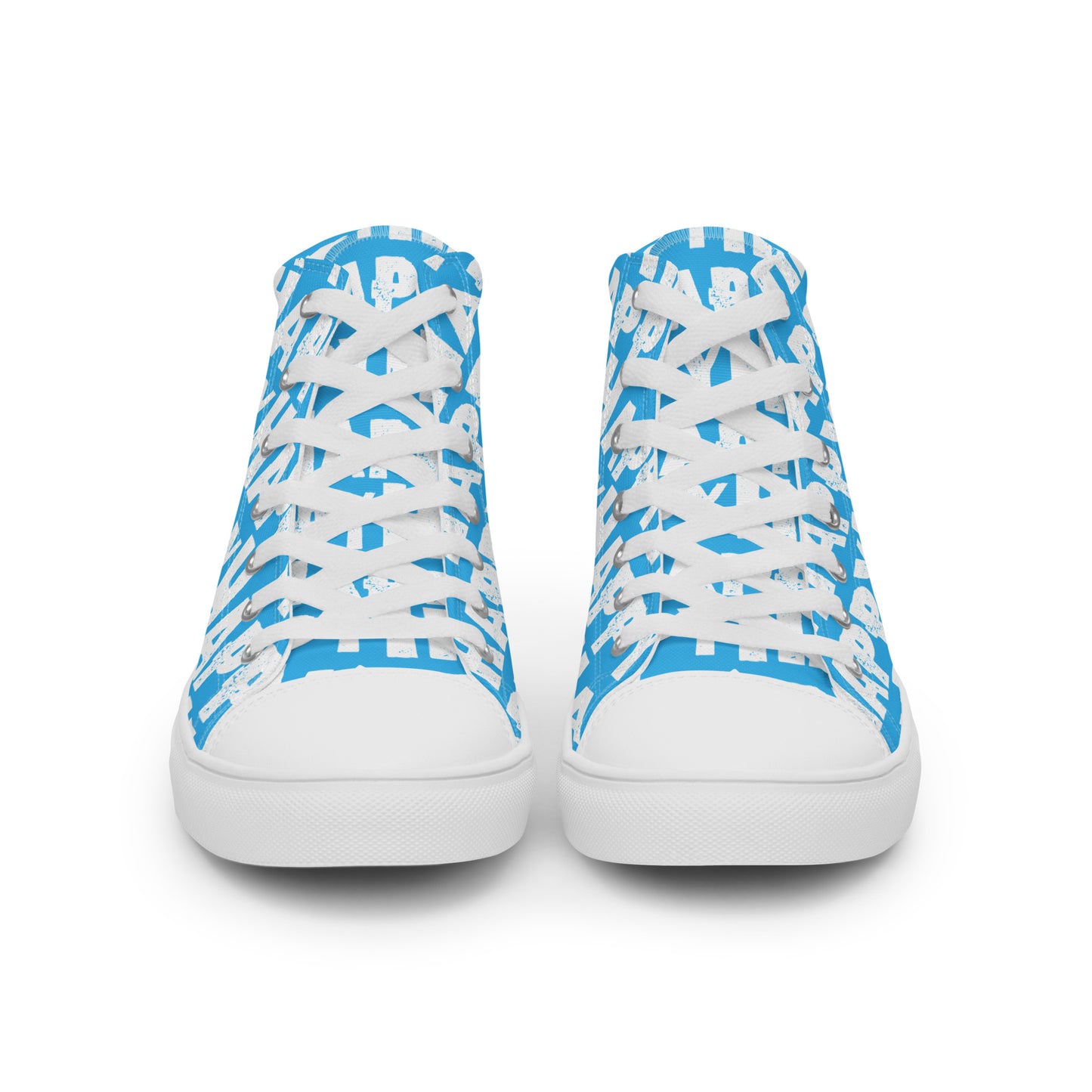 Front view Womens Sneakers blue shoes white Happy Sponge Print High Tops Rubber outsole Faux Leather toe cap HappyStuff brand