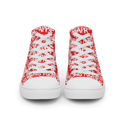 Front view laced up womens sneakers HappyStuff red high tops with playful white print Warning This Foot Jiggles When Happy